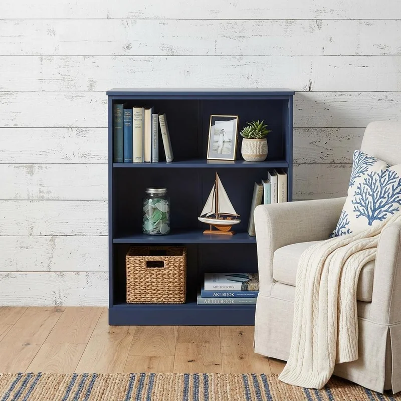 36 Navy Blue Solid Wood Adjustable Three Tier Library Bookcase