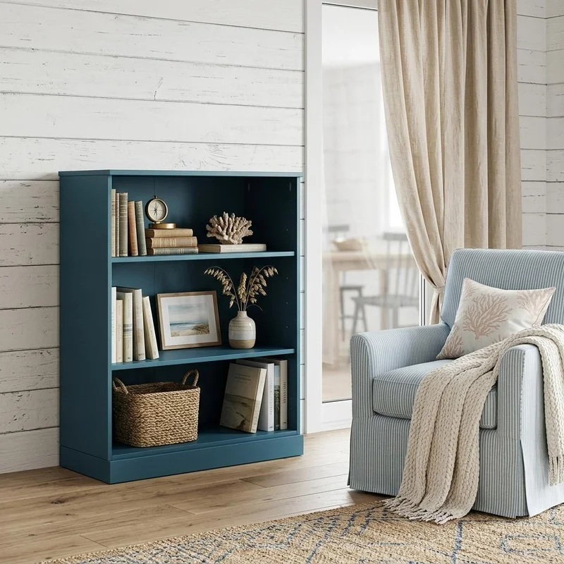 36 Teal Blue Solid Wood Adjustable Three Tier Library Bookcase