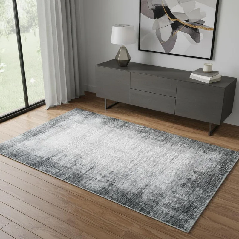 4 X 6 Gray And White Abstract Distressed Area Rug With Fringe