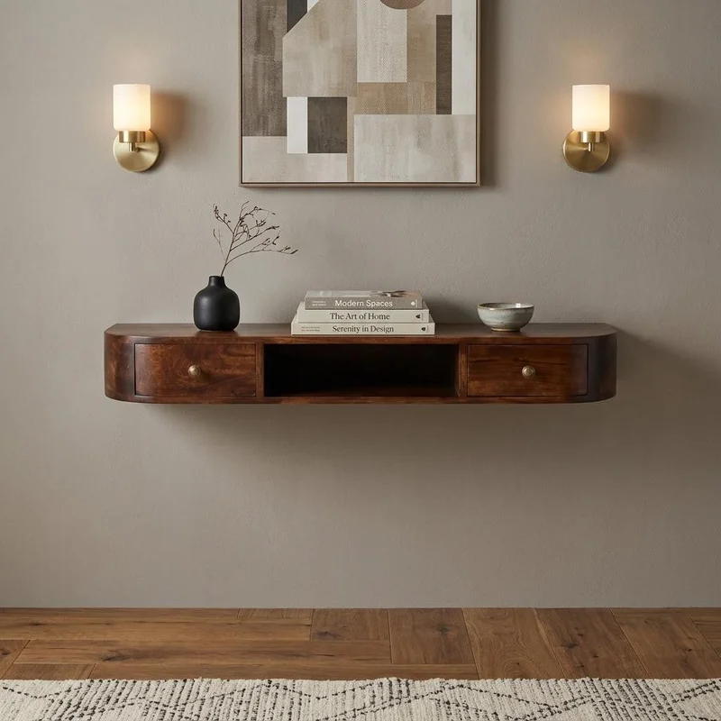 43 Chestnut Solid Wood Floating Console Table With Shelf And Two Drawers