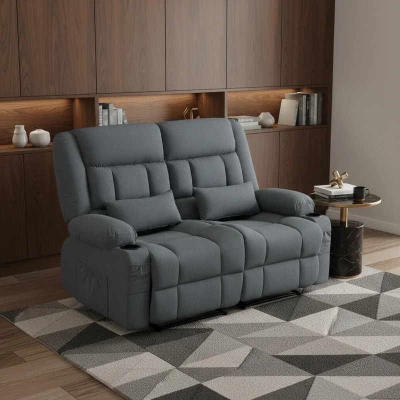 47 Slate Blue Chenille Manual Reclining Loveseat With Storage and Toss Pillows