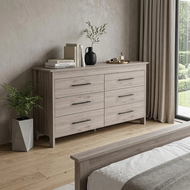 59 Light Gray Wood Six Drawer Double Dresser