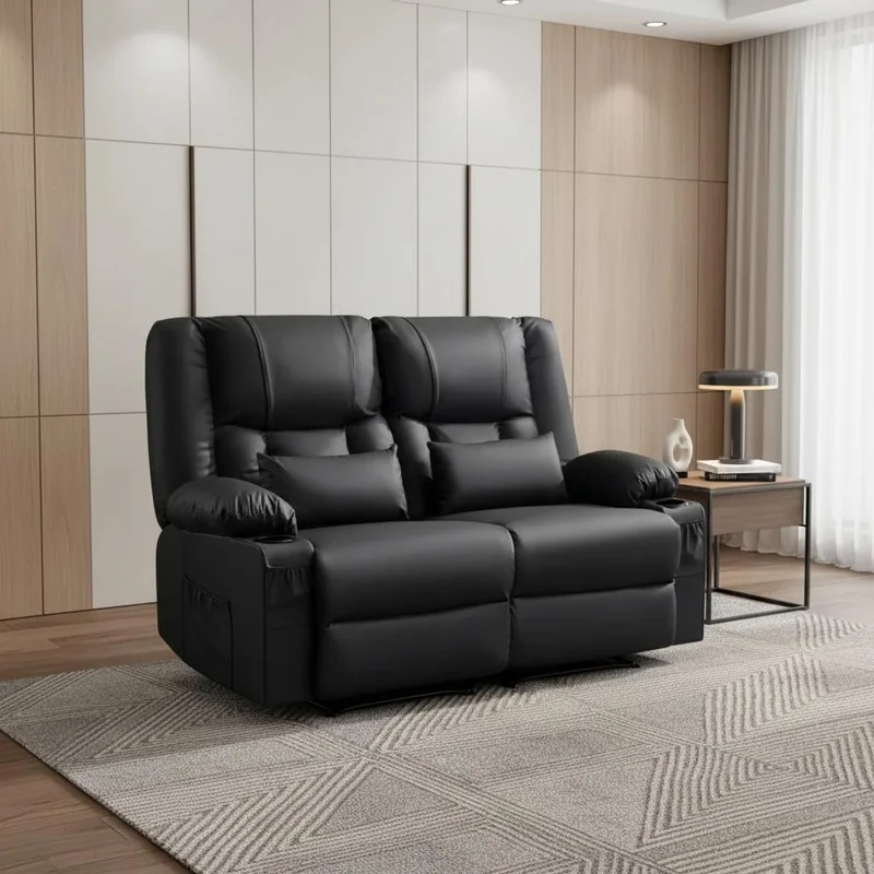 62 Black Faux Leather Manual Reclining Loveseat With Storage and Toss Pillows