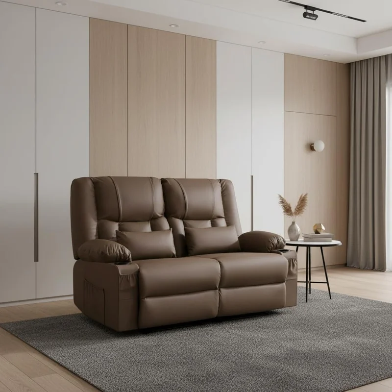 62 Brown Faux Leather Manual Reclining Loveseat With Storage and Toss Pillows