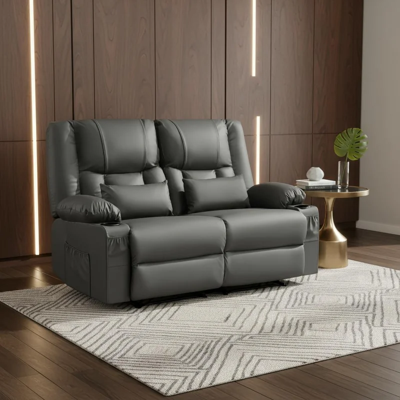 62 Gray Faux Leather Manual Reclining Loveseat With Storage and Toss Pillows