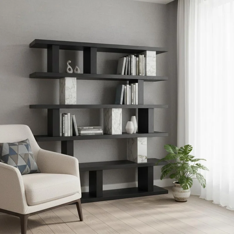 71 Black And White Wood And Faux Marble Five Tier Geometric Bookcase