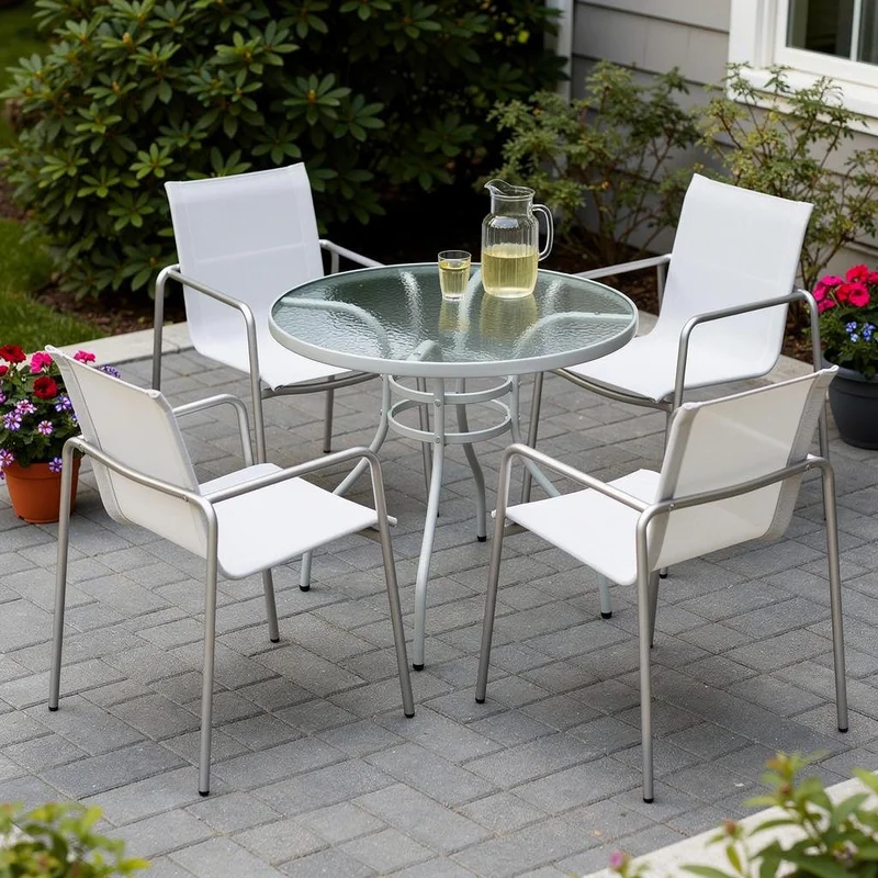Set of Four Light Gray Steel Sling Outdoor Arm Chairs