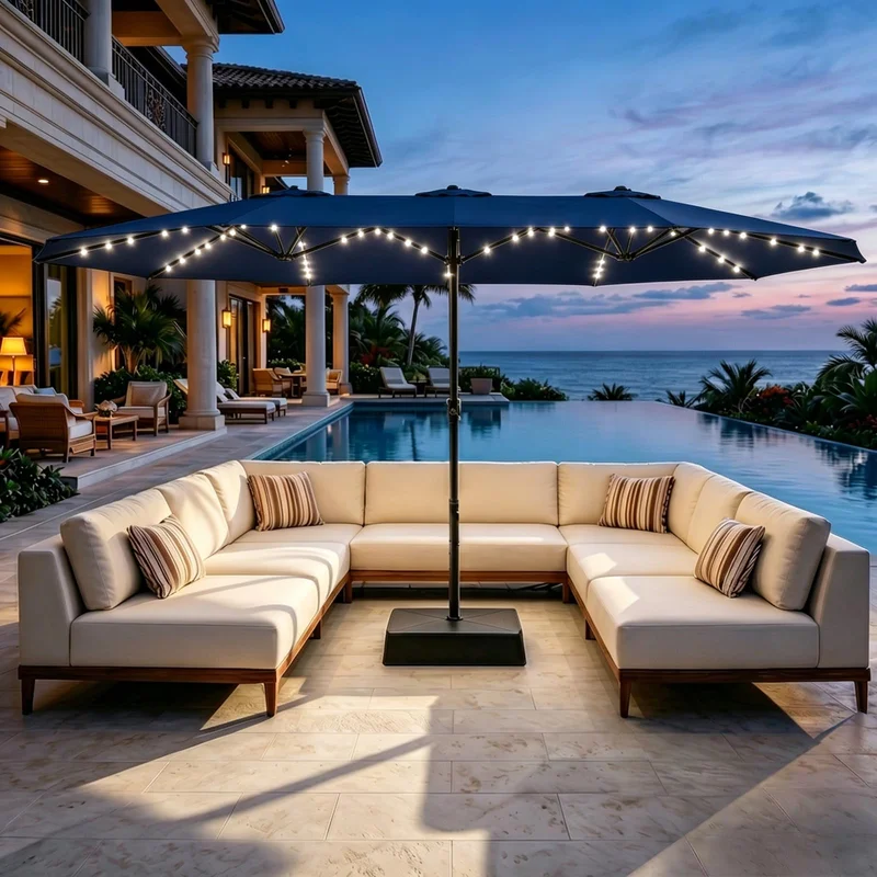 15 ft Large Patio Umbrella with Lights 36 LED Lights Double-Sided Patio Umbrella with Weighted Base for Poolside Garden Backyar
