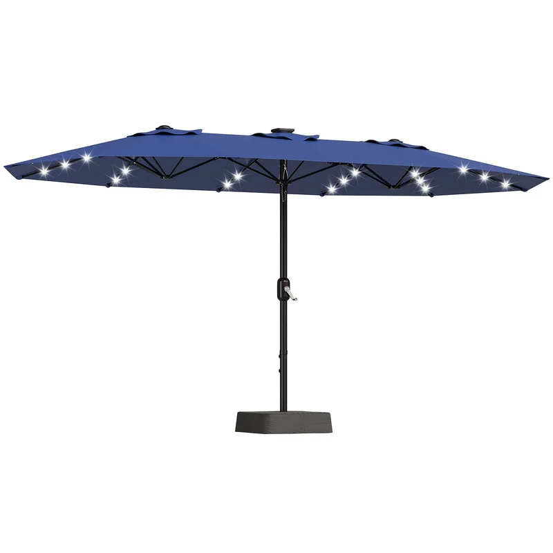 15FT Outdoor Patio UmbrellaDouble-Sided Rectangle Market Umbrella with 36 LED Solar Lights & BaseUV50+ Weather-Resistant Overs