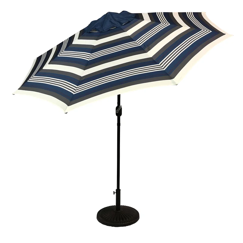 9 Round Patio Umbrella with 32 Solar Powered LED Lights Push-Button Tilt and Hand Crank Lift Solar Lighted Umbrella in Navy S
