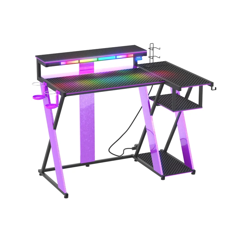 Bestier Computer Desk with Music Sync Light Flow Vibe Corner Gaming Desk with Monitor Stand and PS5 Storage Shelves Cup Holder