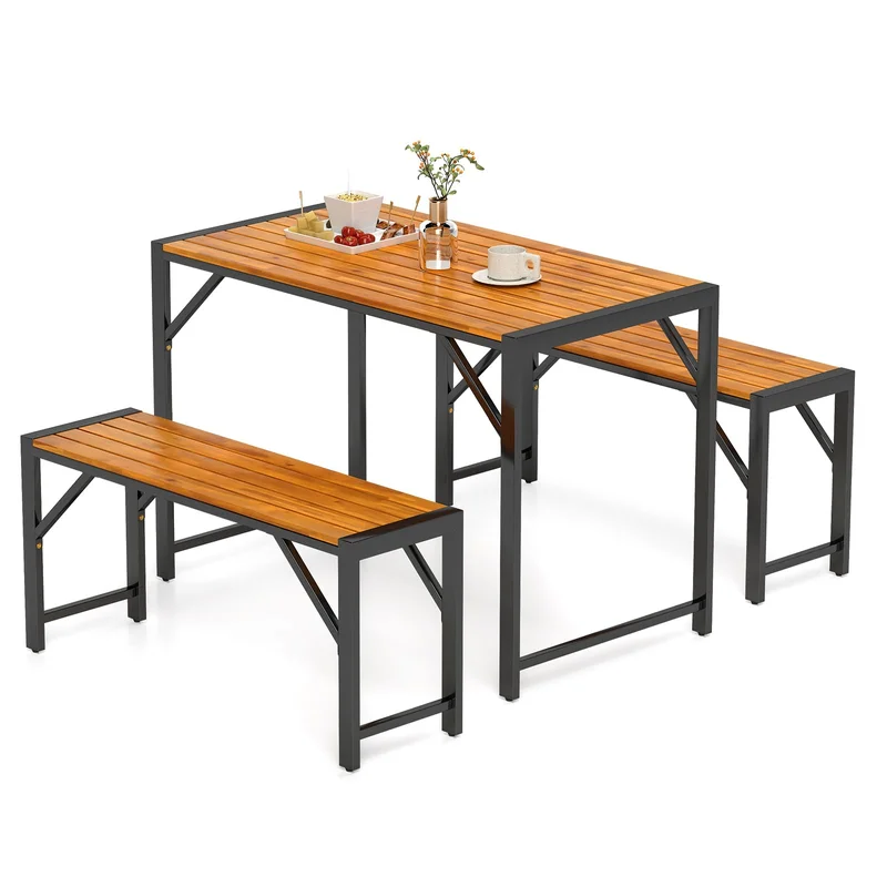 Tangkula 3-Pieces Patio Dining Set for 4 People Outdoor Picnic Table & 2 Benches 44 Acacia Wood Dining Table w/Metal Frame Sp