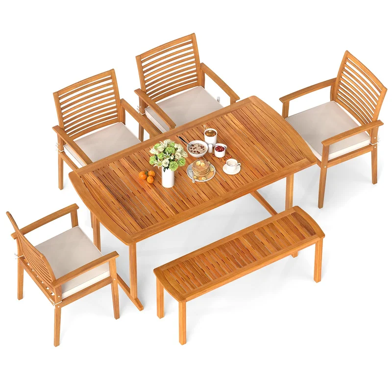 Tangkula 6 Pieces Outdoor Acacia Wood Dining Set Rectangle Patio Dining Table with Umbrella Hole and 4 Cushioned Chairs and Ben