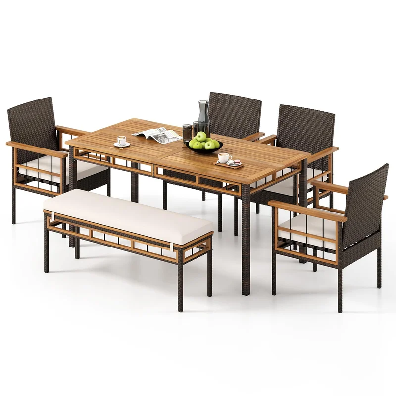 Tangkula 6 Pieces Patio Dining Table Set Outdoor Rectangular Acacia Wood Table with 1.97 Umbrella Hole & Cushioned Backless