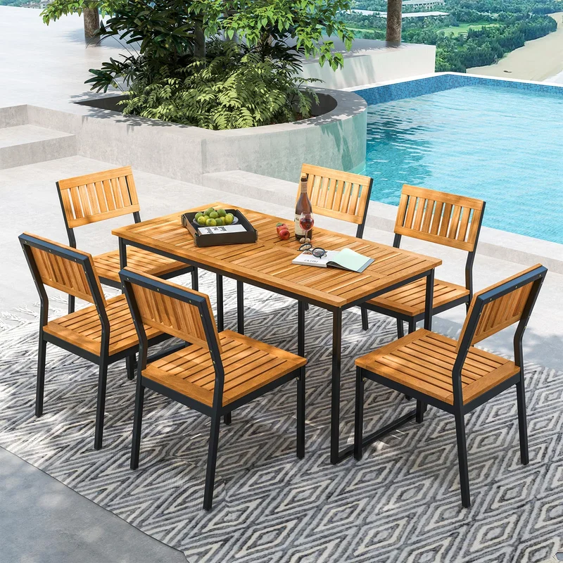 Tangkula 7 Piece Outdoor Dining Set for 6 Acacia Wood Rectangular Dining Table & 6 Armless Chairs w/Metal Frame Umbrella Hole
