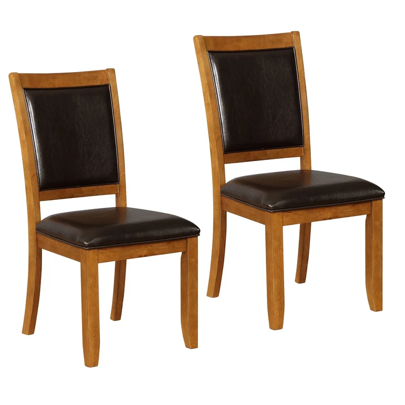 19 Inch Dining Chair Set of 2 Brown Wood Frame Faux Leather Seating