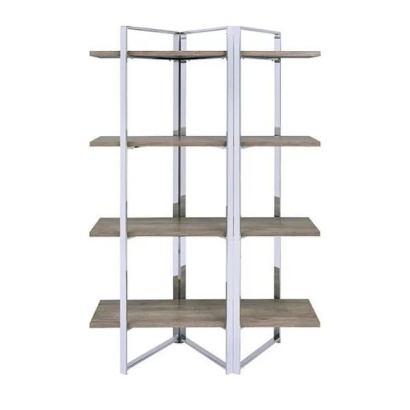 Benjara Geometric Metal Framed Bookshelf with Four Open Wooden Shelves Brown and Silver