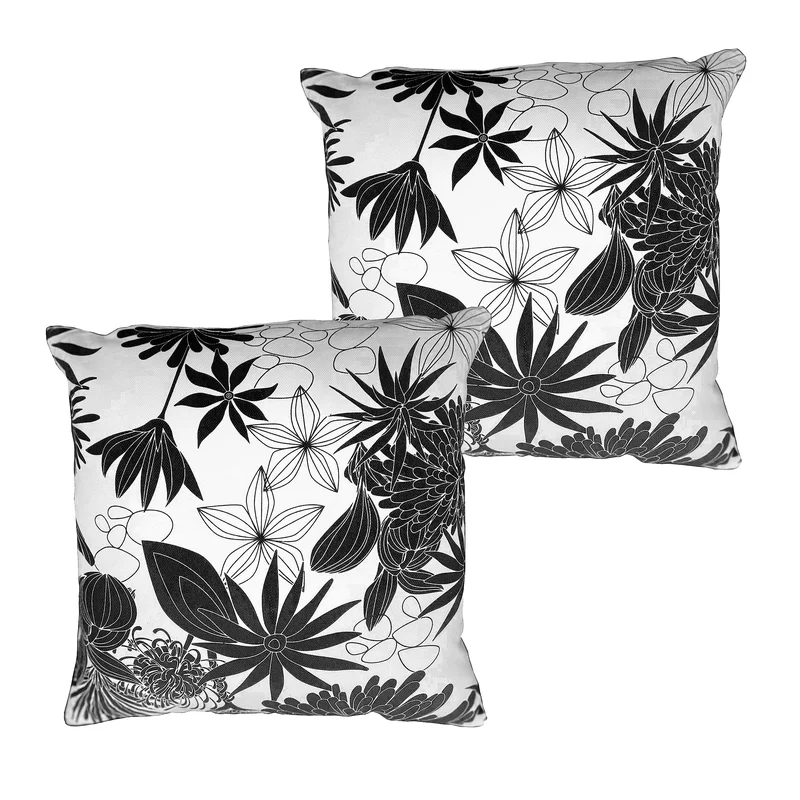 17 x 17 Inch Decorative Square Cotton Accent Throw Pillows Classic Floral Print Set of 2 Black and White