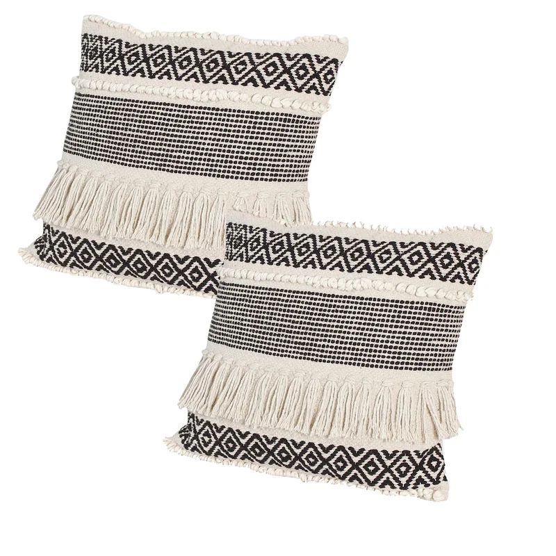 18 x 18 Fringed Square Cotton Boho Style Accent Throw Pillow Diamond Pattern Set of 2 Black White