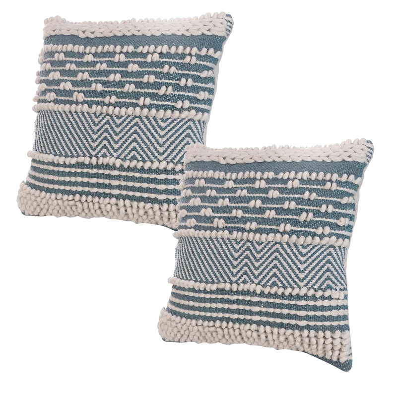 18 x 18 Handcrafted Cotton Accent Throw Pillows Wavy Woven Pattern Set of 2 Blue White