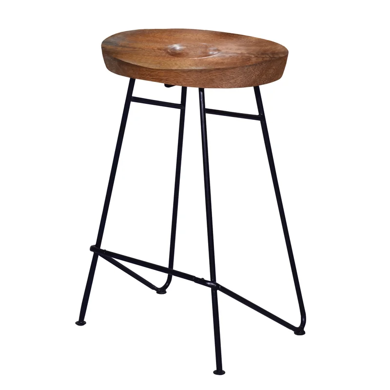 26 Inch Industrial Counter Height Stool Contoured Mango Wood Seat Iron Cafe Brown Black