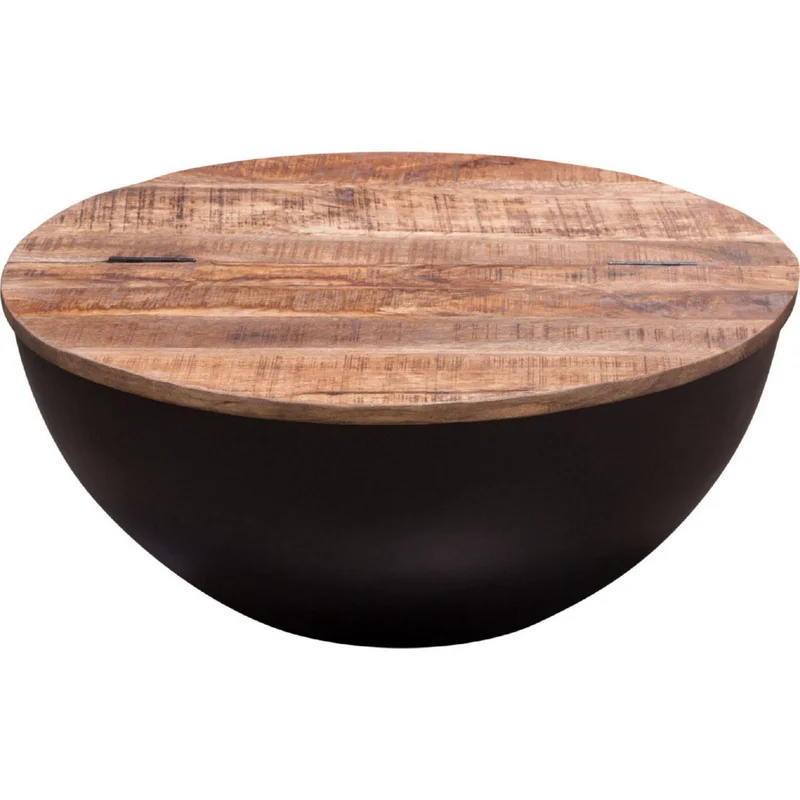 28 Inch Storage Coffee Table Round Drum Silhouette Brown Wood Black Base