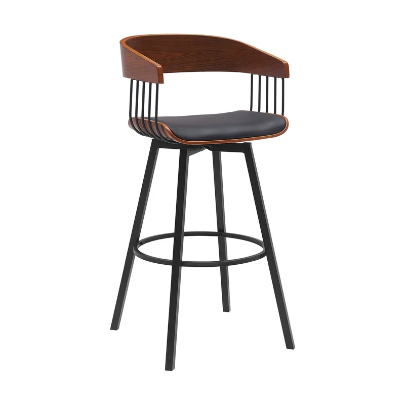 Vera 31 Inch Swivel Barstool Chair Curved Open Back Walnut Brown Black