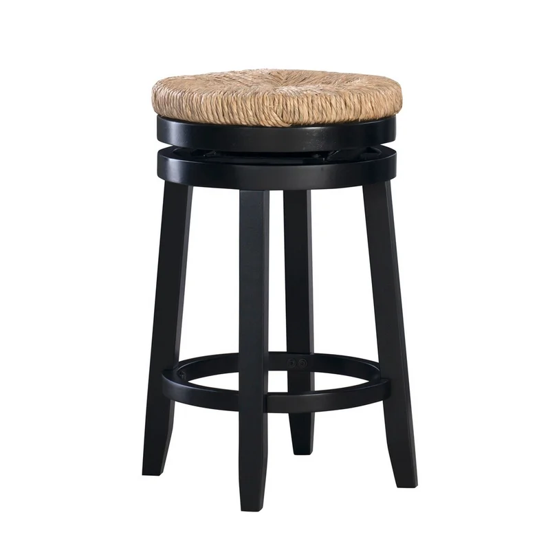 Wooden Counter Stool with Round Rattan Padded Seat Black and Brown