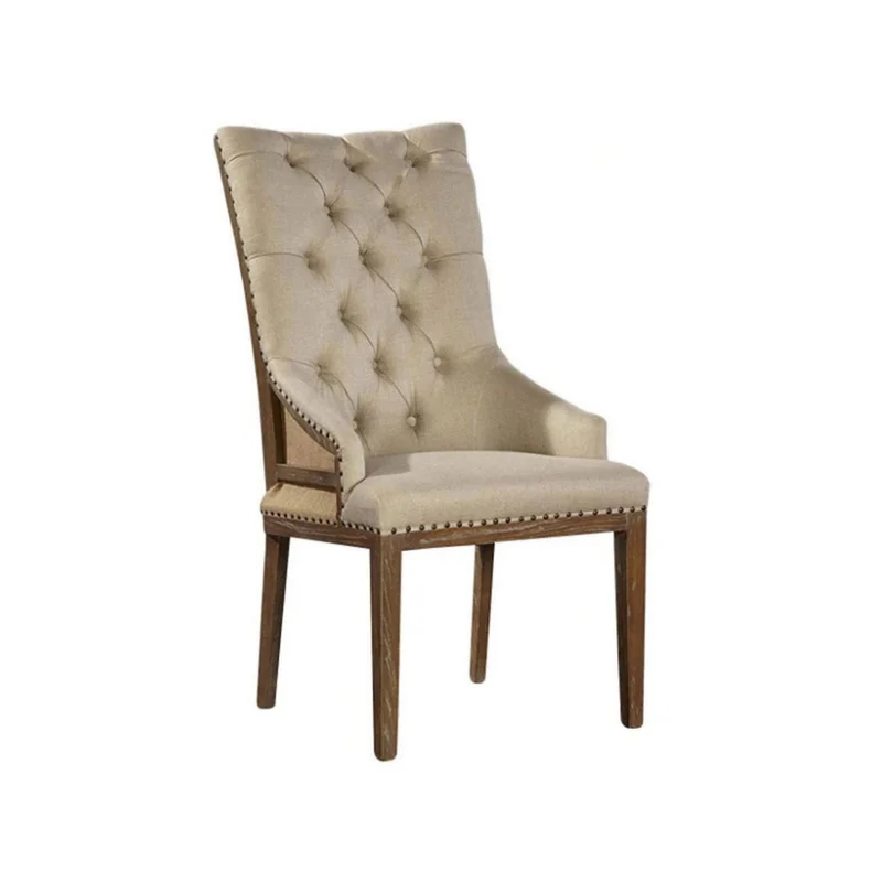 28 Inch Dining Chair Button Tufted Backrest Nailhead Trim Beige Linen