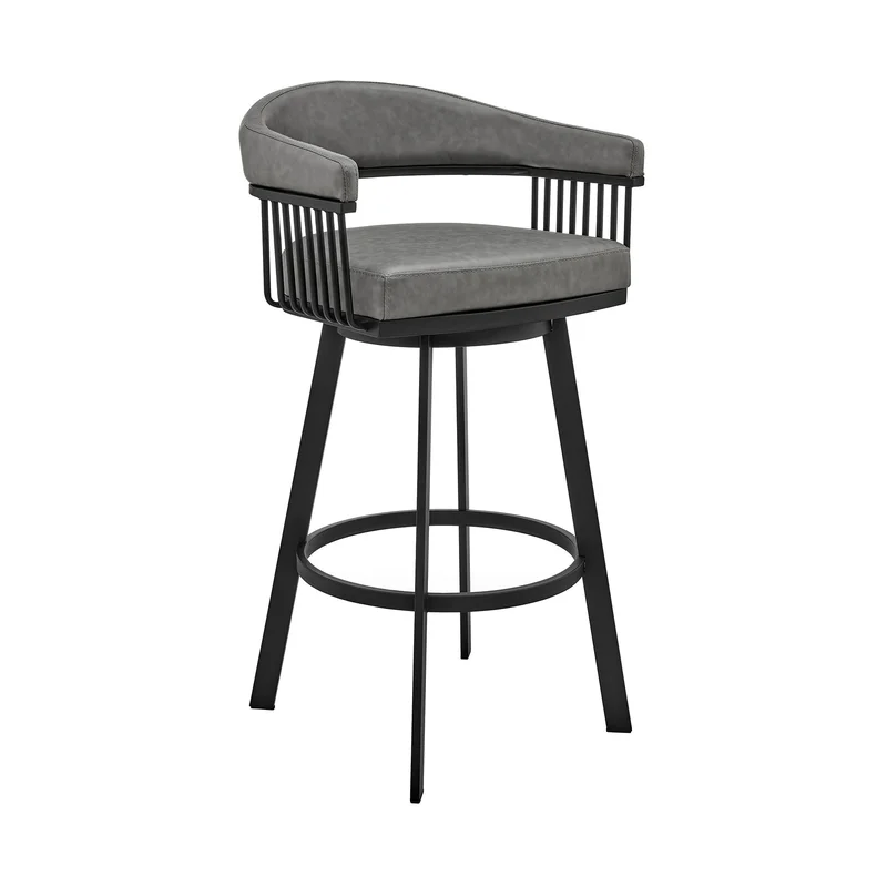 Swivel Barstool with Open Metal Frame and Slatted Arms Gray and Black