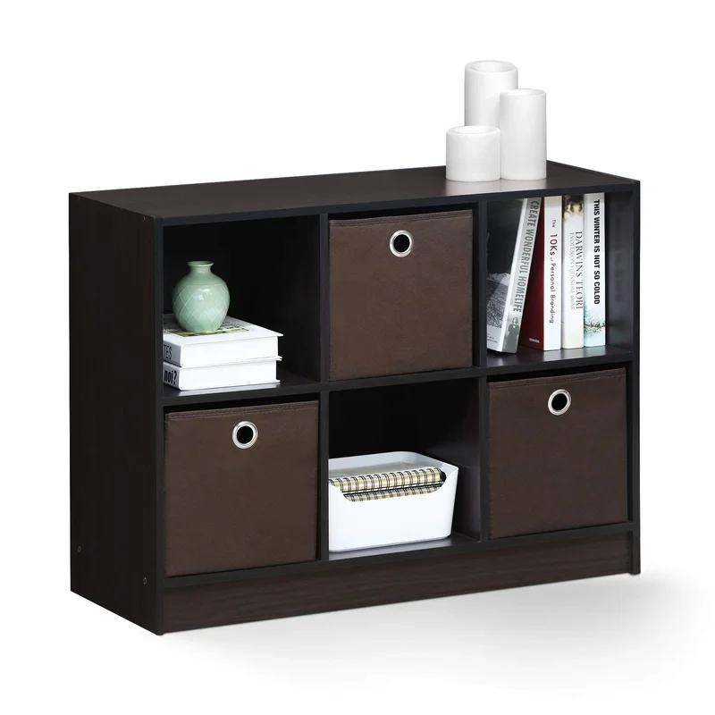 Furinno Basic 3x2 Cube Storage Bookcase Organizer with Bins Dark Walnut