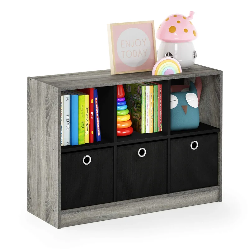 Furinno Basic 3x2 Cube Storage Bookcase Organizer with Bins French Oak Grey/Black