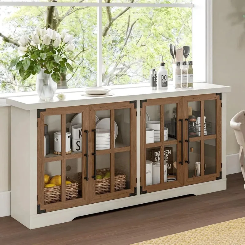 Wide Sideboard with Glass Doors Elegant Display Storage