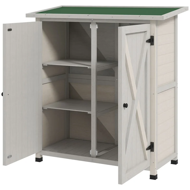 Wooden Garden Storage Shed with Shelves Double Door Light Grey