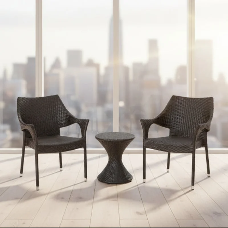 3 Piece Rattan Chat Set with Stacking Chairs and Hourglass Side Table