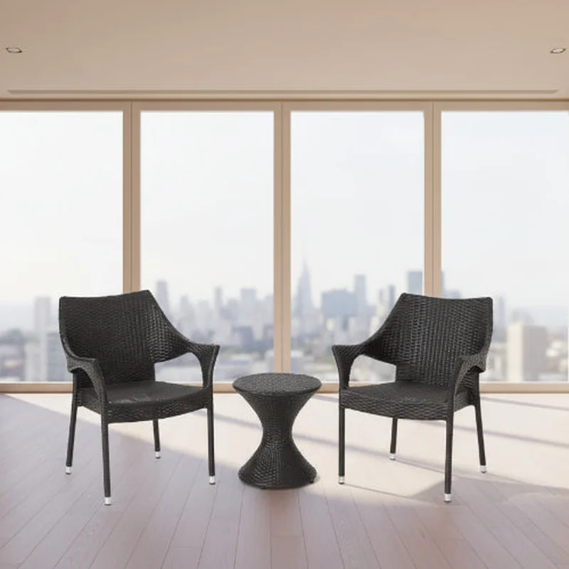 4 Piece Rattan Chat Set with Stacking Chairs and Hourglass Side Table