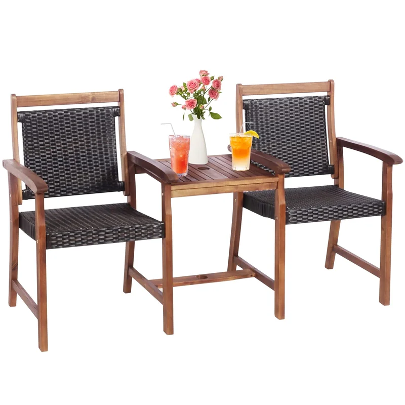 Acacia Wood Garden Bench Patiojoy Rattan Companion Loveseat Chair