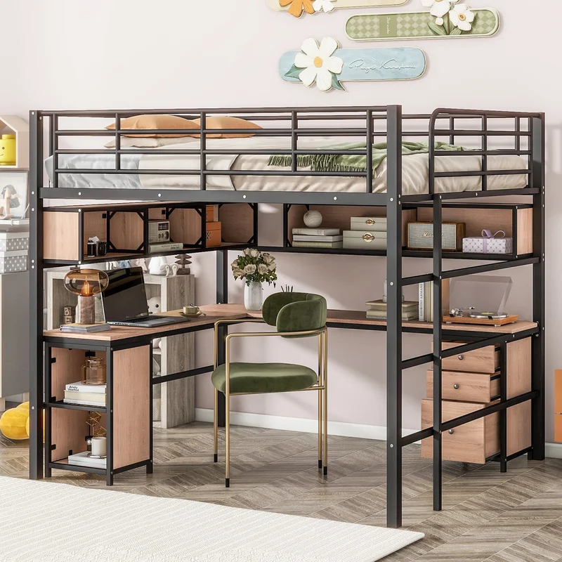 Metal Loft Bed with bookcase desk and cabinet Full Black