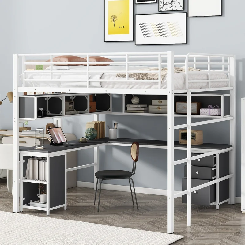 Metal Loft Bed with bookcase desk and cabinet Full White