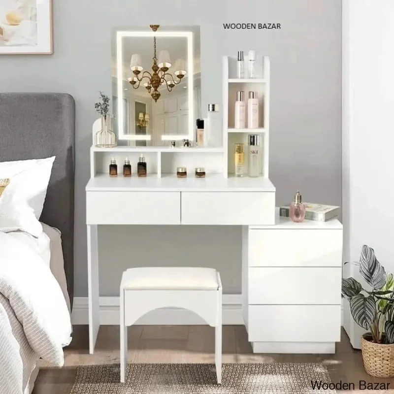 Morilus Vanity Dressing Table With Stool & Mirror - Wooden Bazar