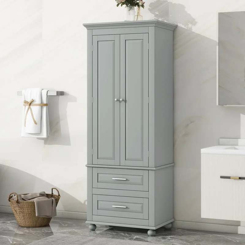 Tall Storage Cabinet with Two Drawers for Bathroom/Office Grey