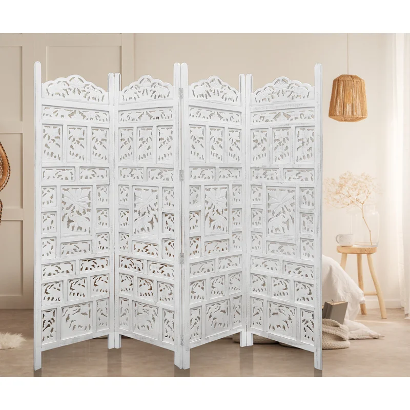4 Panel Room Divider Screen Privacy Timber Wood Stand - White