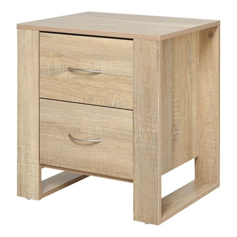2 Drawer Modern Bedside Table with Handles - Oak Brown
