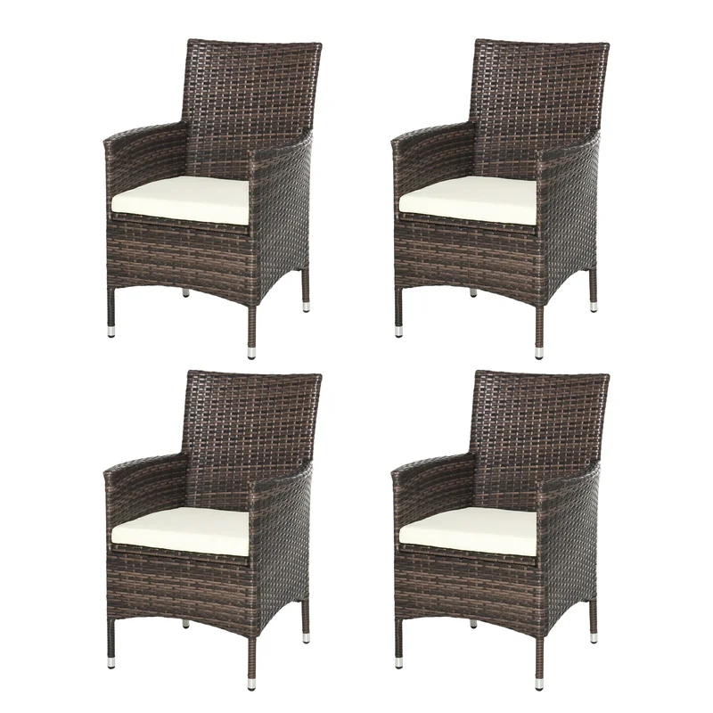 4 Piece Cushioned Rattan Chair Set With Metal Frame - Brown
