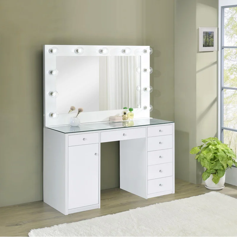 7-drawer Glass Top Vanity Desk With Lighting - White