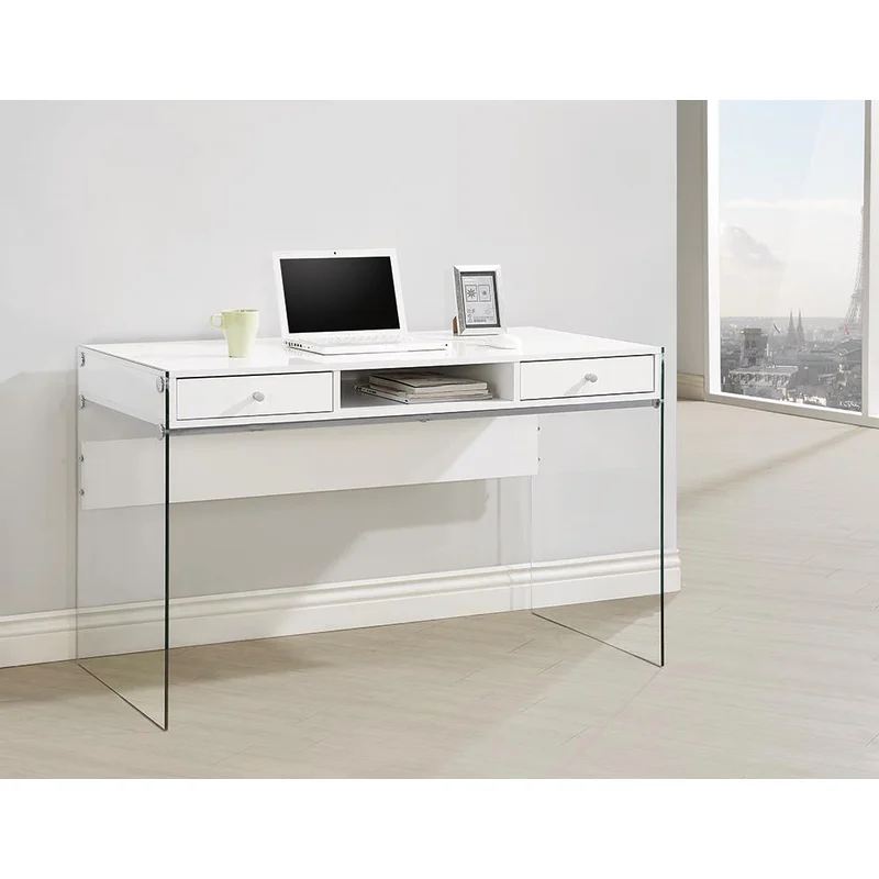 Dobrev 2-Drawer Writing Desk Glossy White And Clear