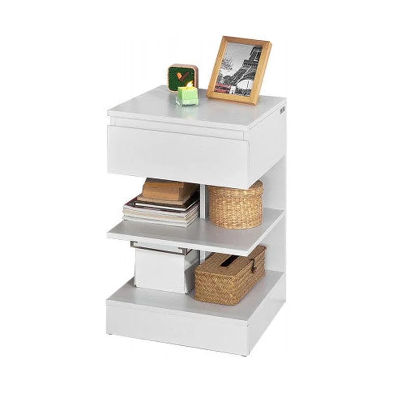 White Side Table Bedside Table with 1 Drawer and 3 Shelves