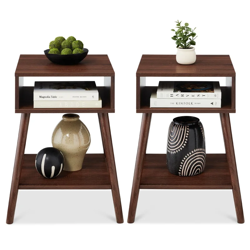 Set of 2 Mid-Century Modern End Tables w/ Cubby Shelf