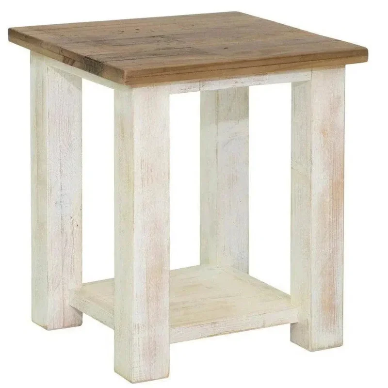 Two-Tone Square Side Table Shelves Wood Wood Base