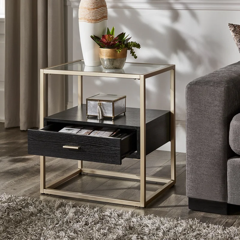 Champagne Silver Finish Table with Storage - End Table